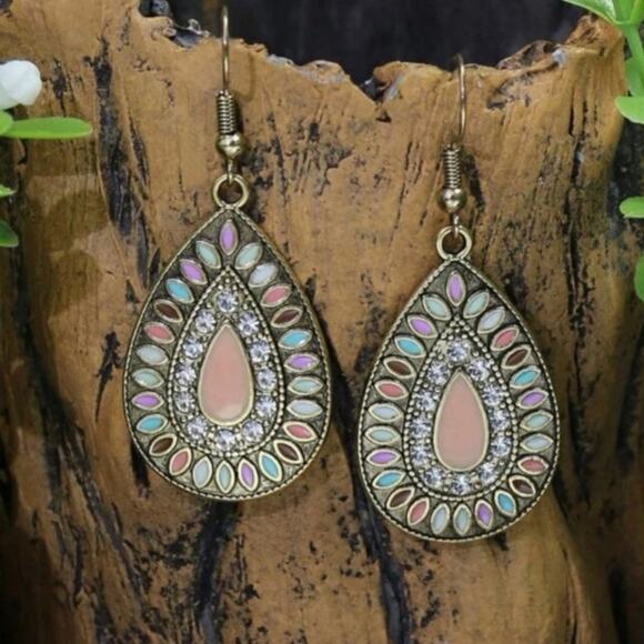 Rhinestone Multicolor Gold Tone Teardrop Dangle Earrings - Picture 3 of 10